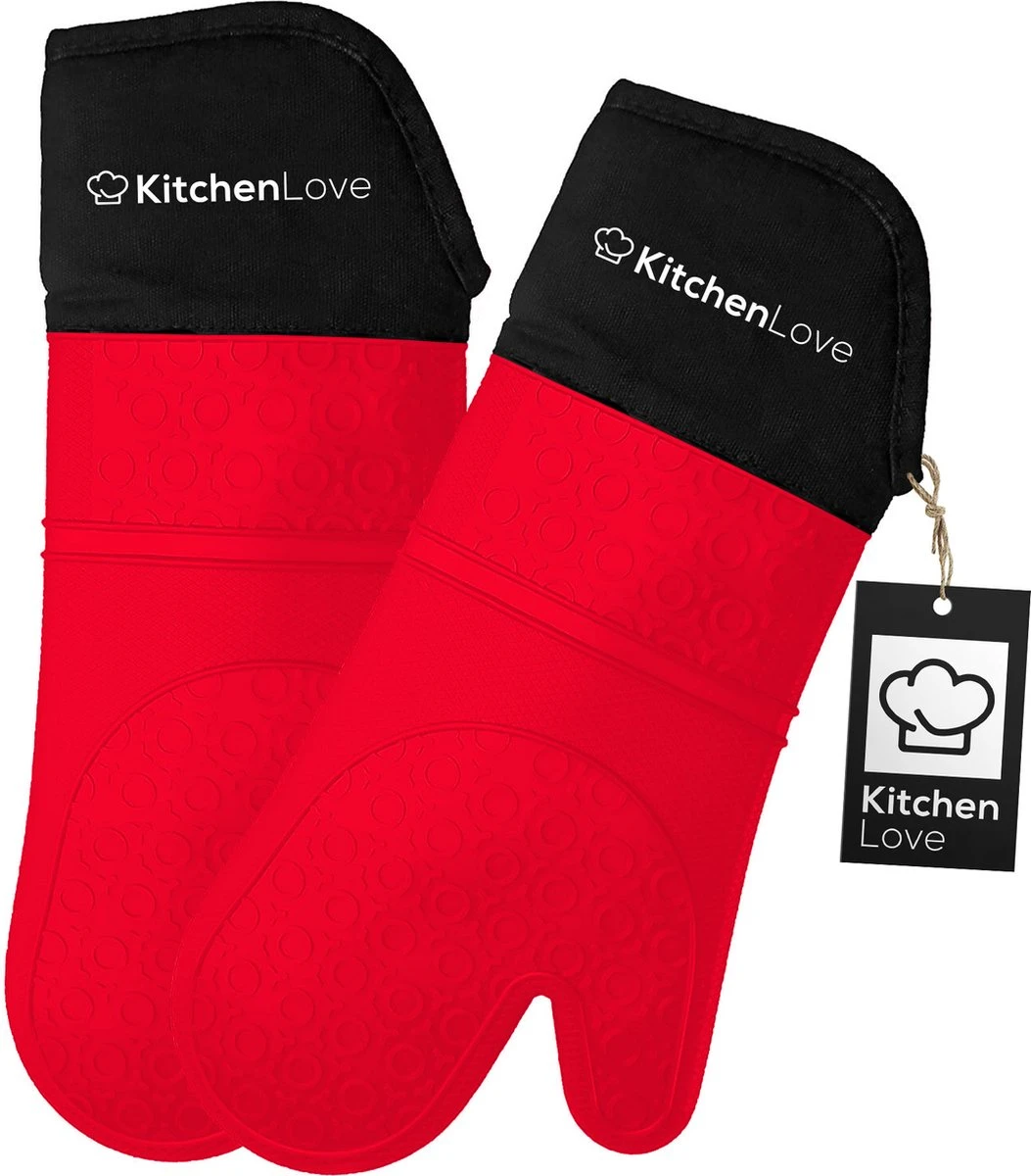KitchenLove Ovenwanten - 2 Stuks Ovenhandschoenen - Hittebestendig Tot 250 °C - Siliconen - Rood 3 KitchenLove Ovenwanten - 2 Stuks Ovenhandschoenen - Hittebestendig Tot 250 °C - Siliconen - Rood