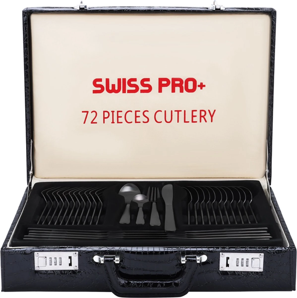 Swiss Pro+ Bestekset In Koffer-72 Delig-12 Persoons-Zwitsers Kwaliteit-Complete Set-100% Roestvrijstaal- Zwart 11 Swiss Pro+ Bestekset In Koffer-72 Delig-12 Persoons-Zwitsers Kwaliteit-Complete Set-100% Roestvrijstaal- Zwart - Afbeelding 9