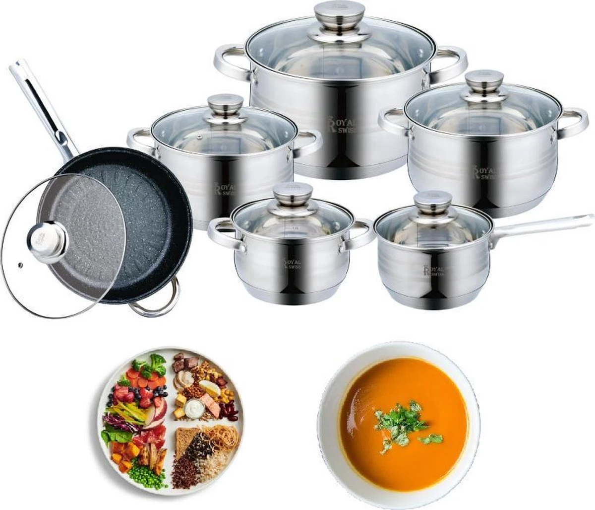 Royal Swiss -Jumbo 12 Delig Set-Inductie Pannenset -Alle Warmtebronnen 3 Royal Swiss -Jumbo 12 Delig Set-Inductie Pannenset -Alle Warmtebronnen
