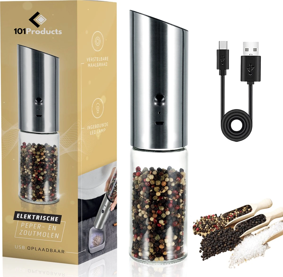 101Products Peper- & Zoutmolen Elektrisch - USB Oplaadbaar - Pepermolen - Zoutmolen - RVS 3 101Products Peper- & Zoutmolen Elektrisch - USB Oplaadbaar - Pepermolen - Zoutmolen - RVS