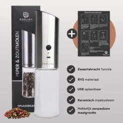 DODANA Premium Peper - & Zoutmolen Elektrisch - 1 Stuk - Pepermolen - Zoutmolen - Oplaadbaar - USB - Elektrische Pepermolen - RVS - Zwaartekracht Functie - LED Lamp - Nl Handleiding - Incl Borsteltje -Meubelwinkel 1200x1199 12