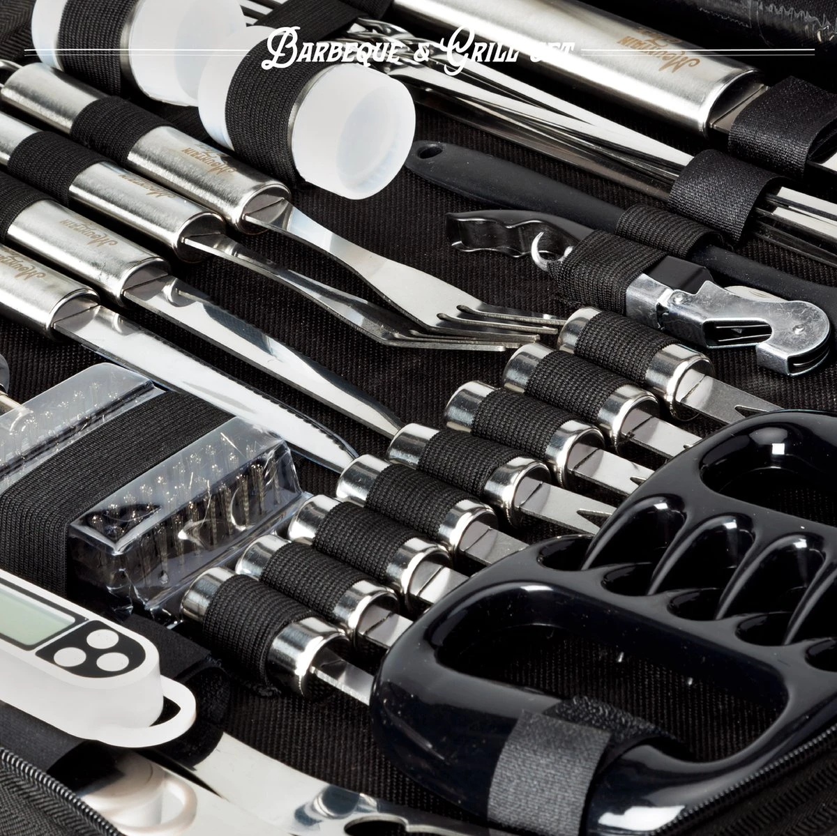 Mountain Jack® 40-Delige Luxe BBQ Grill Accessoires Set In Roestvrij Staal – Barbecue Gereedschap – Tangenset, Vlees Thermometer, Vleestang, Borstel, Spiezen, Vleesmes, Vleesvork 10 Mountain Jack® 40-Delige Luxe BBQ Grill Accessoires Set In Roestvrij Staal – Barbecue Gereedschap – Tangenset, Vlees Thermometer, Vleestang, Borstel, Spiezen, Vleesmes, Vleesvork - Afbeelding 8