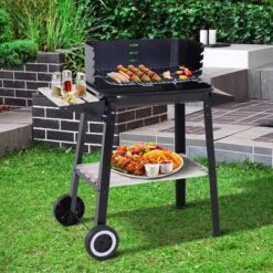 Verrijdbare Barbecue – Houtskool/Briketten - Verstelbare Grillplaat – Houten Tafel – Winscherm – Gewicht 5.9kg -Meubelwinkel 1200x1200 1003