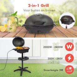 KitchenBrothers Elektrische BBQ - Met Grillplaat - Anti-aanbaklaag - Incl. Plank/Houders - Grilloppervlak 46,5x33,8cm - Tot 300°C - 2400W - Zwart -Meubelwinkel 1200x1200 1053