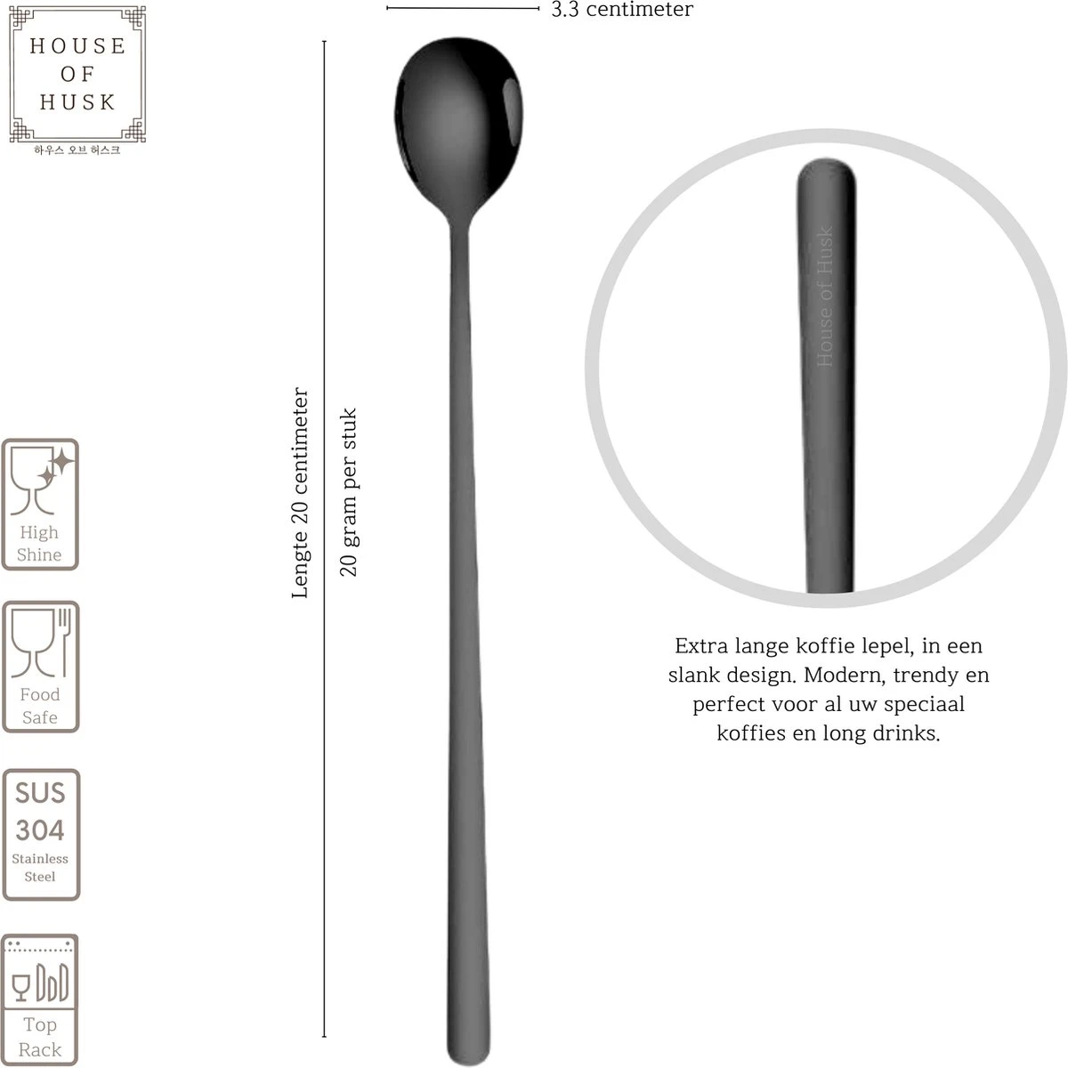 House Of Husk Latte Macchiato Lepels Set - Lange Theelepels - Koffielepels - Longdrinklepels - Sorbetlepels - Barlepel - RVS - 6 Stuks - 20CM - Zwart 3 House Of Husk Latte Macchiato Lepels Set - Lange Theelepels - Koffielepels - Longdrinklepels - Sorbetlepels - Barlepel - RVS - 6 Stuks - 20CM - Zwart - Afbeelding 2