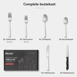 Deleca 8 Persoons Bestekset (48-delig) - Lepels, Messen, Vorken & Steakmessen - Vaatwasserbestendig - Zilver / RVS -Meubelwinkel 1200x1200 652