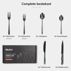 Deleca 6 Persoons Bestekset (36-delig) - Lepels, Messen, Vorken & Steakmessen - Vaatwasserbestendig - Zwart / RVS -Meubelwinkel 1200x1200 685