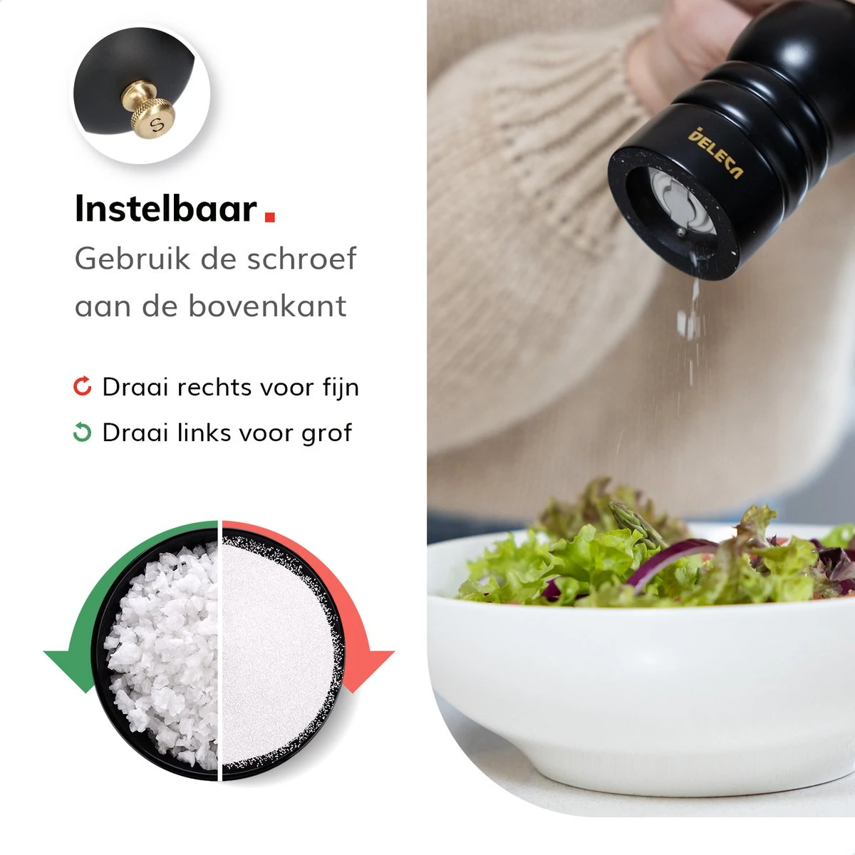 Deleca Luxe Peper En Zoutmolen Set - Met Geschenkdoos - Zout / Pepermolen - Rubberhout - Zwart & Goud 8 Deleca Luxe Peper En Zoutmolen Set - Met Geschenkdoos - Zout / Pepermolen - Rubberhout - Zwart & Goud - Afbeelding 6