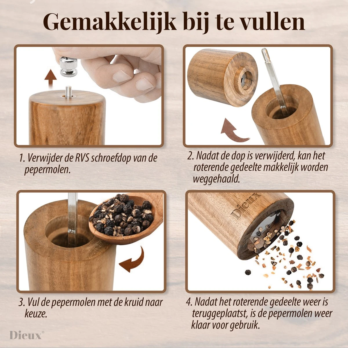 Dieux® - Peper En Zoutmolen Set - Cilinder Vorm - 22CM - Zout Peper Kruiden - 2 Stuks - Acacia Hout - Instelbare Maalgraad - Duurzaam - Luxe Kwaliteit - Hervulbaar - Pepermolen - Zoutmolen - BBQ Accesoires - Pasen 6 Dieux® - Peper En Zoutmolen Set - Cilinder Vorm - 22CM - Zout Peper Kruiden - 2 Stuks - Acacia Hout - Instelbare Maalgraad - Duurzaam - Luxe Kwaliteit - Hervulbaar - Pepermolen - Zoutmolen - BBQ Accesoires - Pasen - Afbeelding 4
