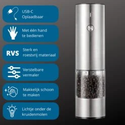 GOV Elektrische Peper- En Zoutmolen RVS XL Oplaadbaar - Automatische Pepermolen 7 GOV Elektrische Peper- En Zoutmolen RVS XL Oplaadbaar - Automatische Pepermolen -Meubelwinkel 1200x1200 836