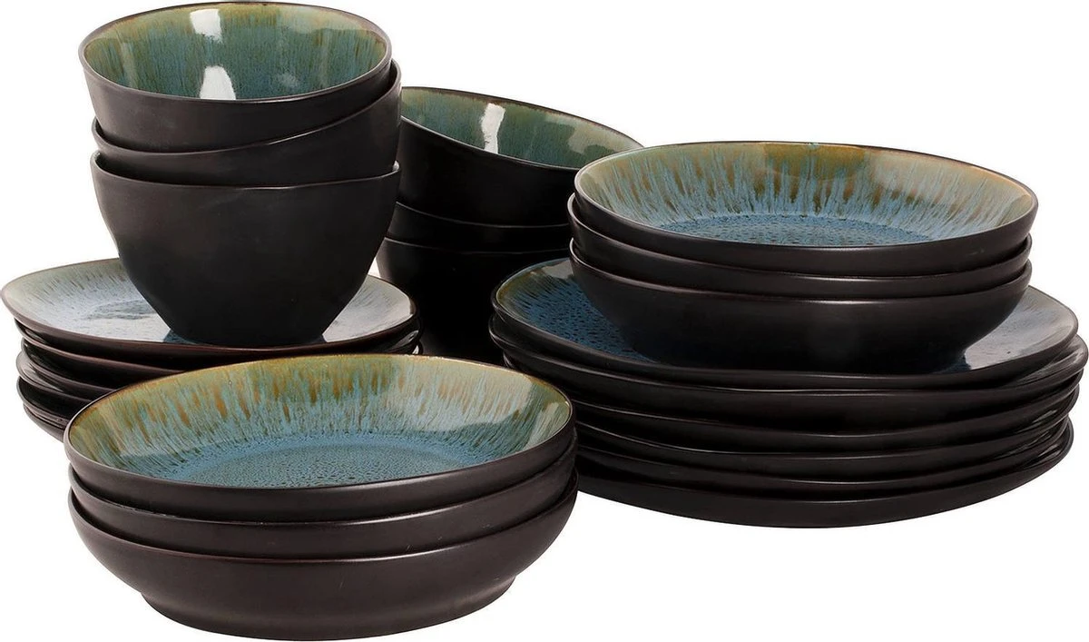 Palmer Serviesset Lotus Stoneware 6-persoons 24-delig Zwart Turquoise 3 Palmer Serviesset Lotus Stoneware 6-persoons 24-delig Zwart Turquoise