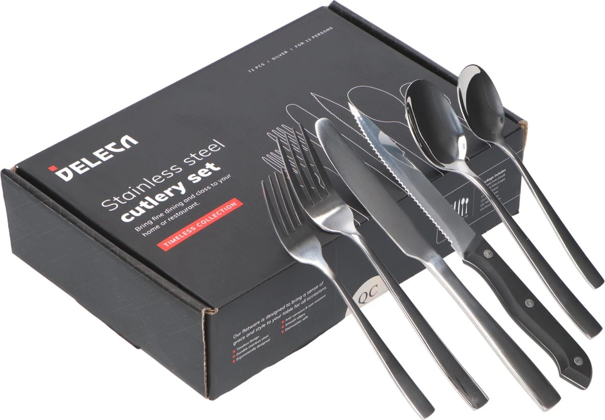 Deleca 12 Persoons Bestekset (72-delig) - Lepels, Messen, Vorken & Steakmessen - Vaatwasserbestendig - Zilver / RVS 11 Deleca 12 Persoons Bestekset (72-delig) - Lepels, Messen, Vorken & Steakmessen - Vaatwasserbestendig - Zilver / RVS - Afbeelding 9