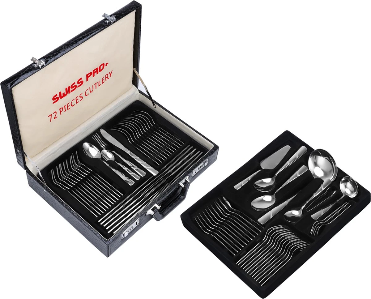 Swiss Pro+ Bestekset In Koffer-72 Delig-12 Persoons-Zwitsers Kwaliteit-Complete Set-100% Roestvrijstaal-Modern 8 Swiss Pro+ Bestekset In Koffer-72 Delig-12 Persoons-Zwitsers Kwaliteit-Complete Set-100% Roestvrijstaal-Modern - Afbeelding 6