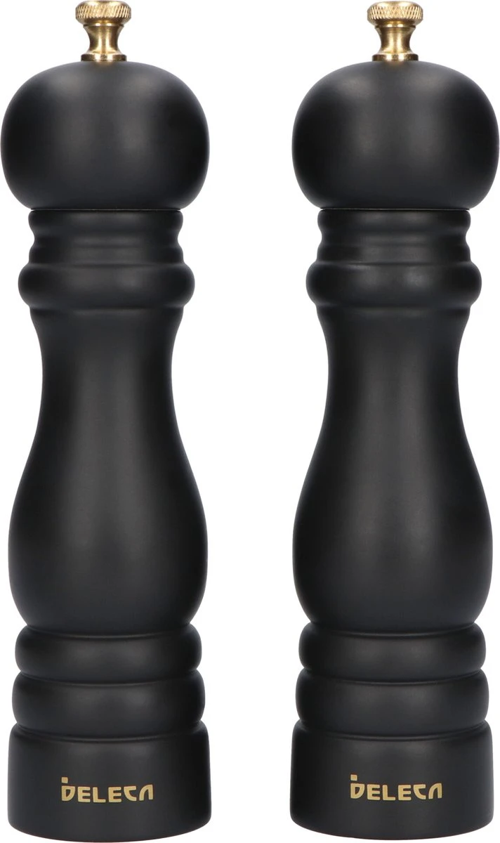 Deleca Luxe Peper En Zoutmolen Set - Met Geschenkdoos - Zout / Pepermolen - Rubberhout - Zwart & Goud 3 Deleca Luxe Peper En Zoutmolen Set - Met Geschenkdoos - Zout / Pepermolen - Rubberhout - Zwart & Goud